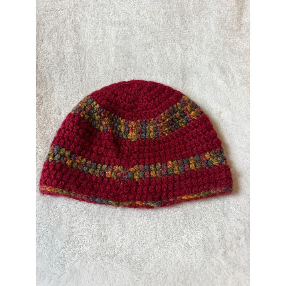 Handmade Crochet BeanieHat Unisex OS Burgundy Excellent Boho Striped Winter Warm